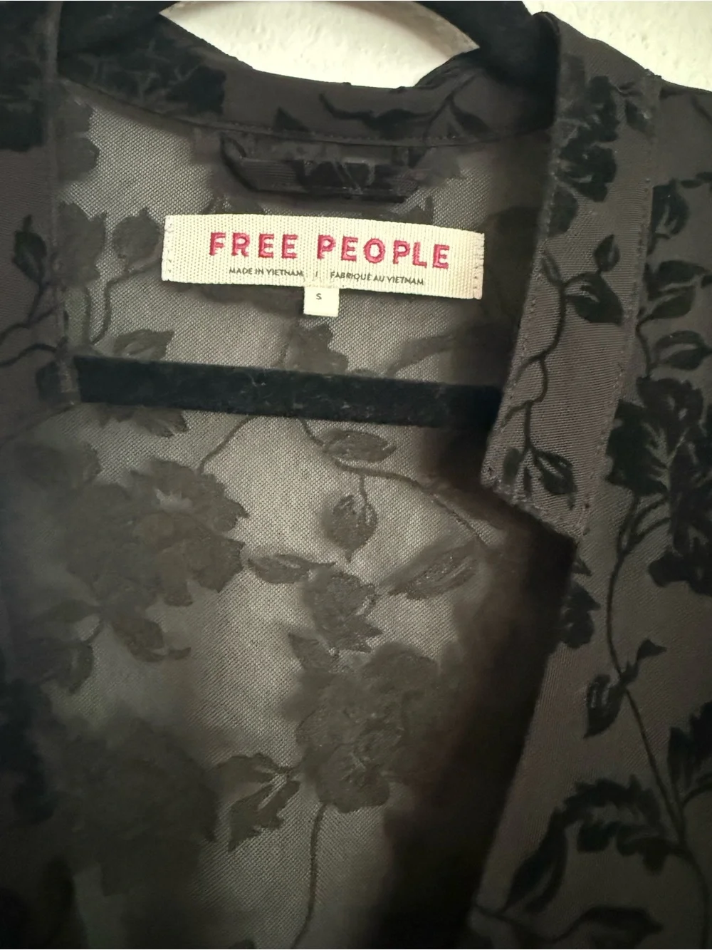Free People Wednesday Bed Jacket Sheer Floral Velvet Tie-Front Blouse - Black